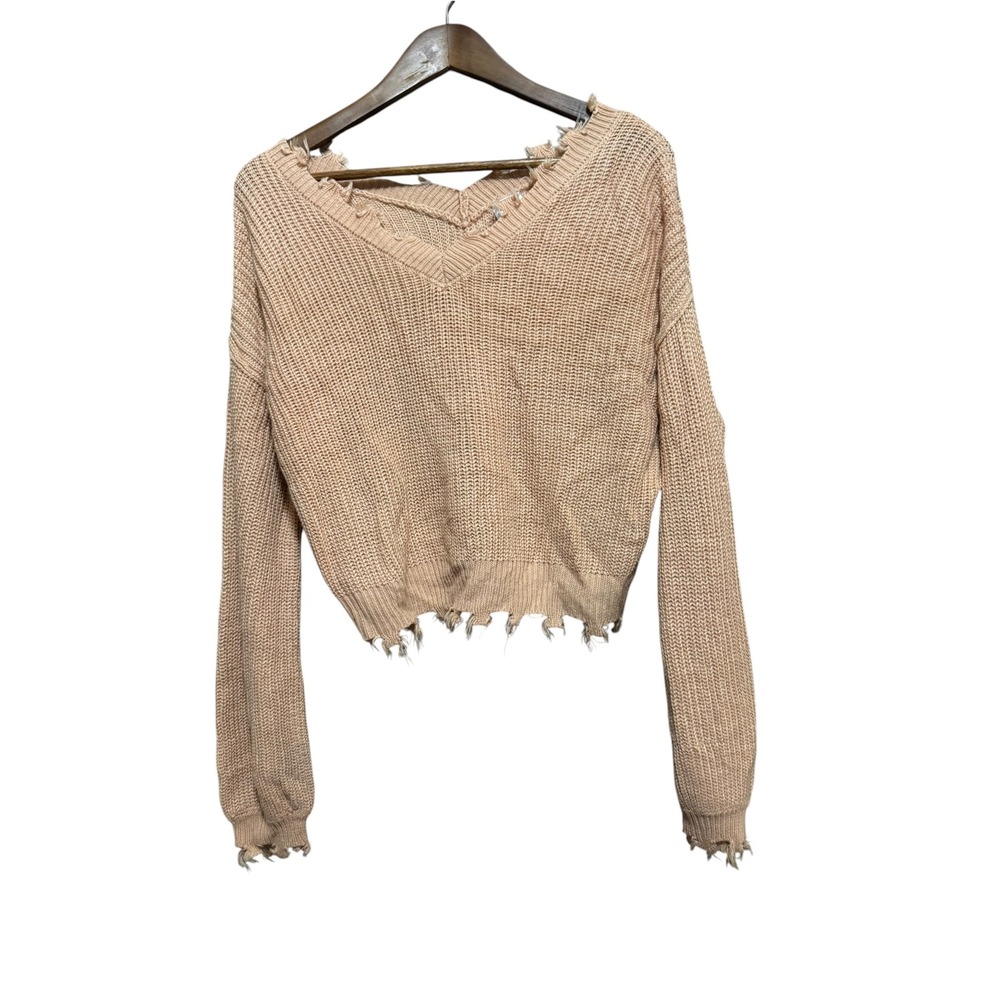 Freshman 1996 Sweater Women Medium Peach Distressed Cropped V-Neck Knit Exc